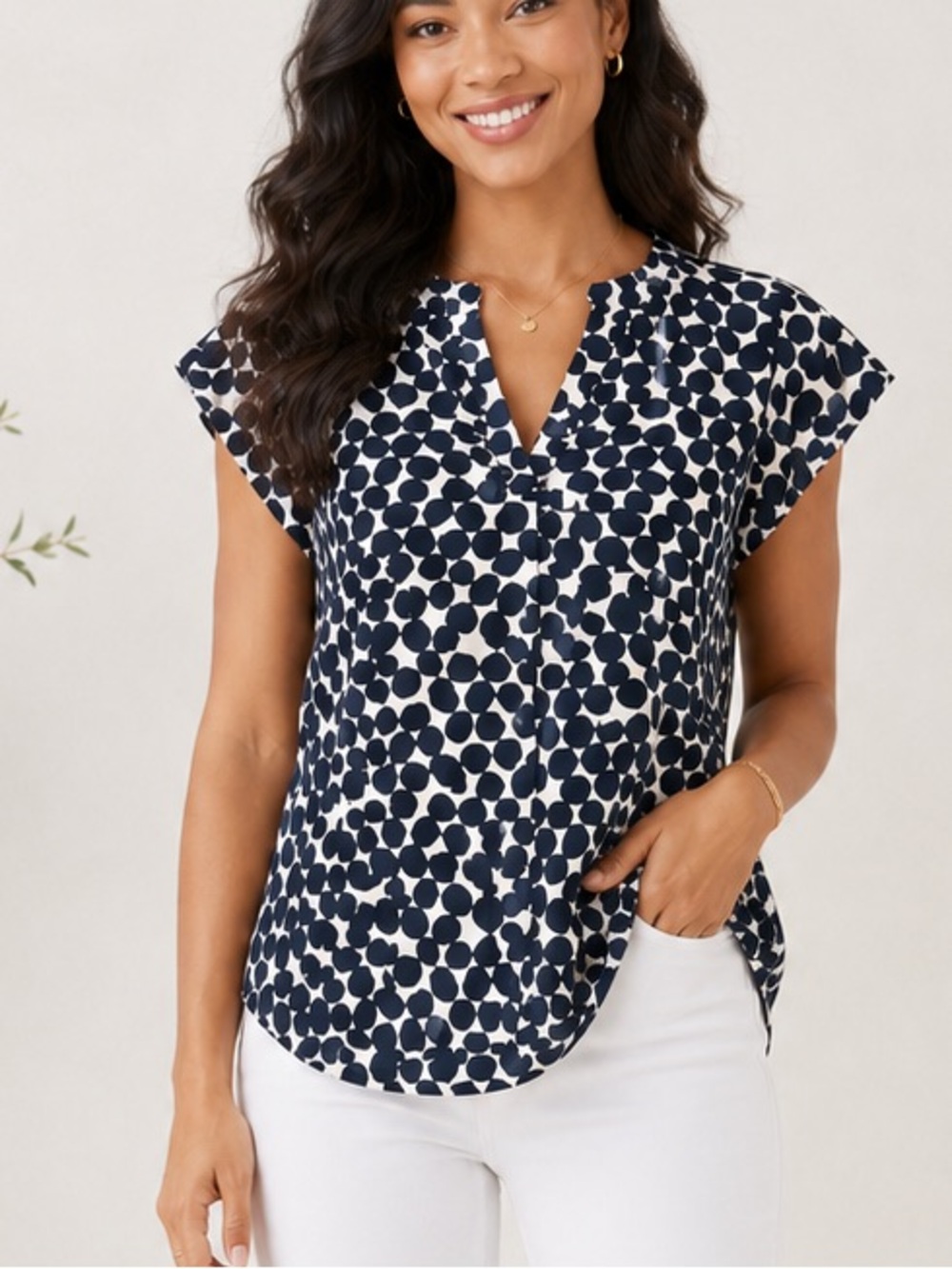 Calvin Klein Navy and White Dot-Print Cap Sleeve Blouse